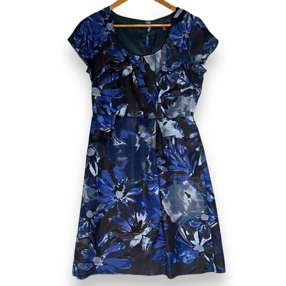 Banana Republic Mad Men Linen Blend Floral Dress Petite Fit Flare Blue Black 4P
